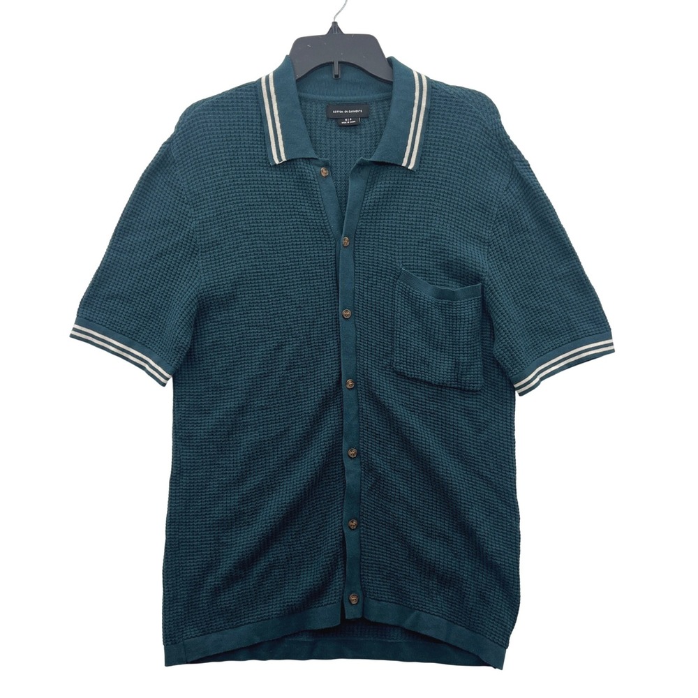 NWOT Cotton On Mens Green Waffle‎ Knit Short Sleeve Polo Shirt Pocket Size S